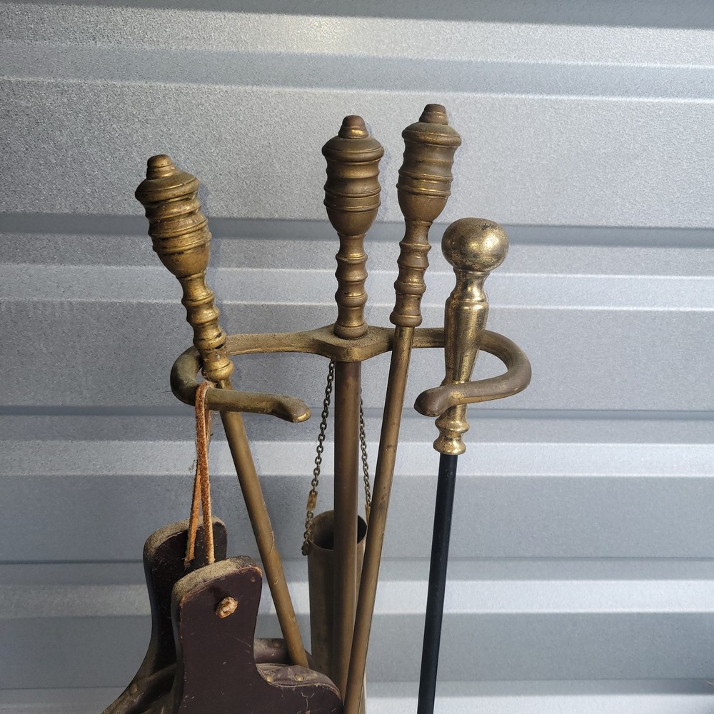 Vintage Brass Fireplace Tool Set Bellows Match Stick Holder