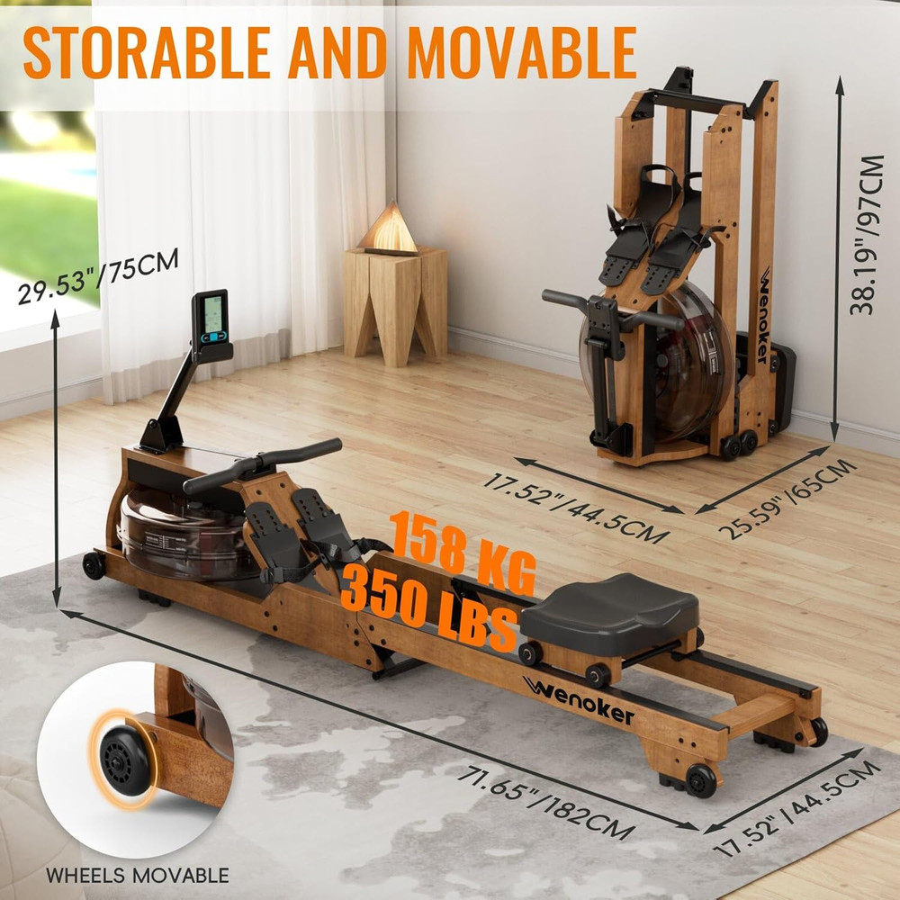 Water Rowing Machine for Home Use, Wooden Foldable Rower Machine with Adjustabl