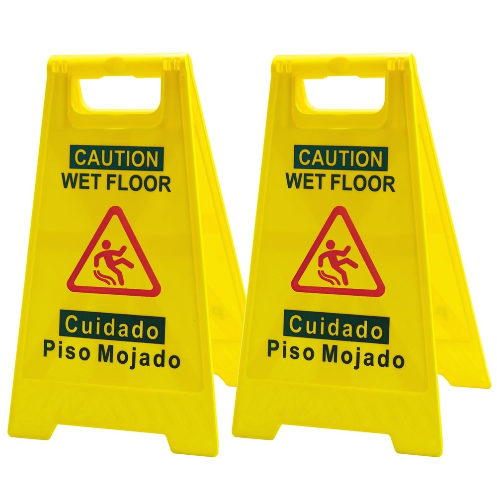 2-Pack Caution Wet Floor Sign, 17.5" Height, Bright Yellow, Double-Sided Folding