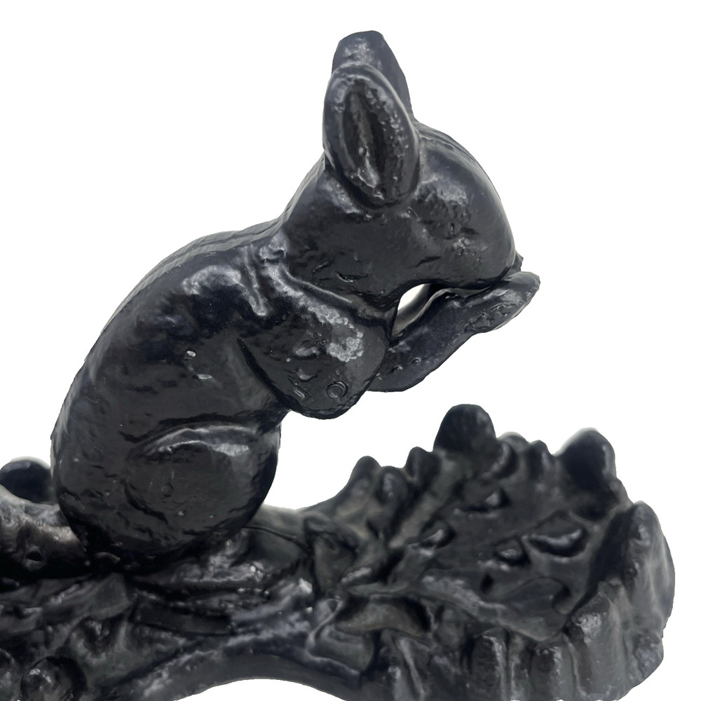 Vintage Squirrel Nutcracker on Tray with Tail Handle Pull Black Metal