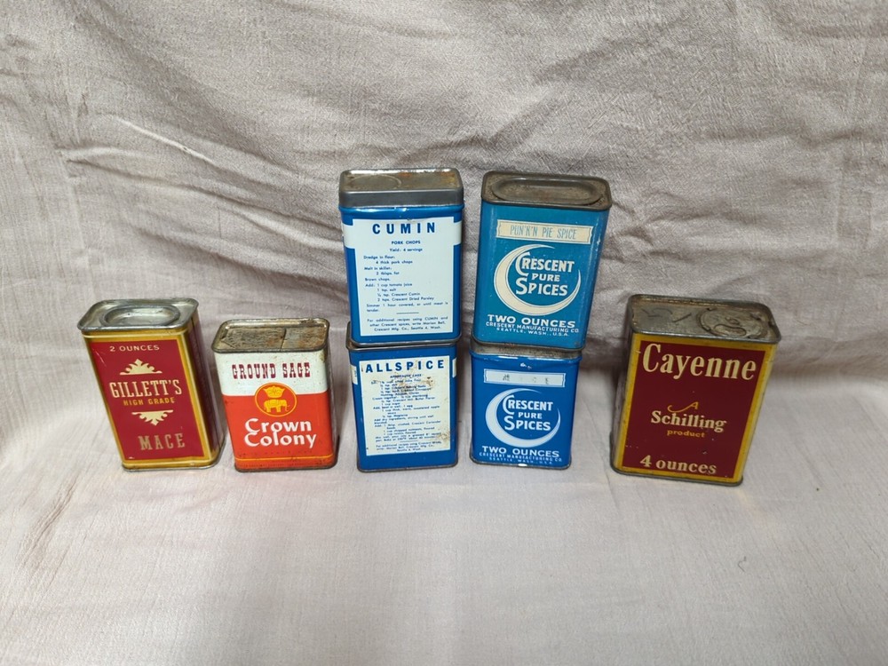 Schilling, Gillett's, Crescent, Crown Spice Tin Lot Rusty Kitchen Decor