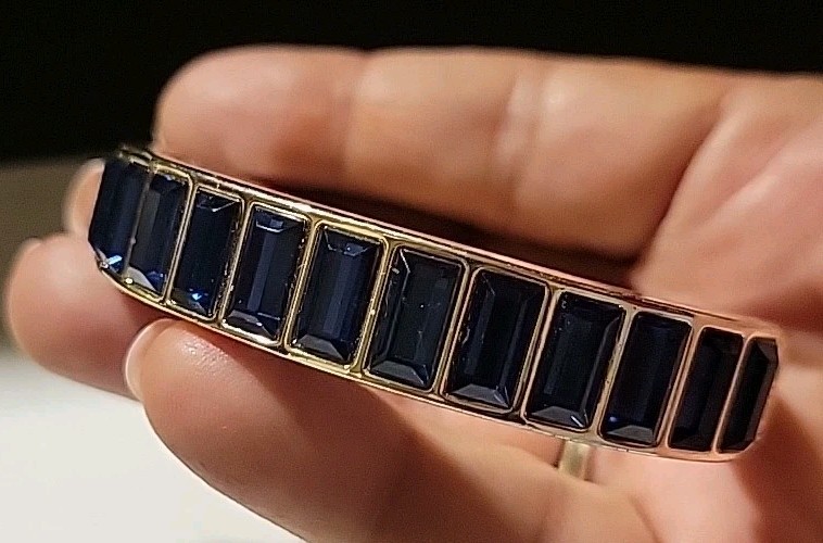 Signed Silvertone Blue Rhinestones Bangle Bracelet 6.5