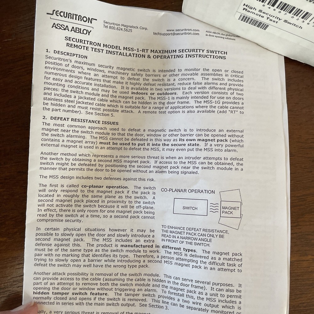 Securitron ASSA ABLOY MSS-1-Rt High Security Switch Remote Test New Open Box
