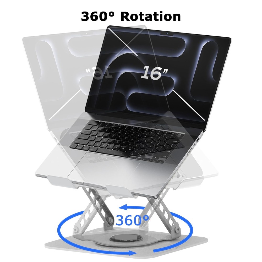 Silver Adjustable Laptop Stand 360 Rotating Computer Riser Fits 18 Inch PC