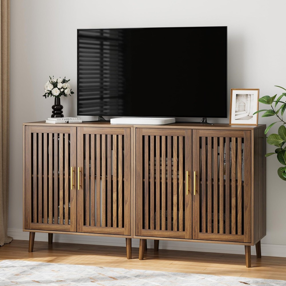 Buffet Cabinet with Storage Walnut Sideboard with Grille Doors&Adjustable She...