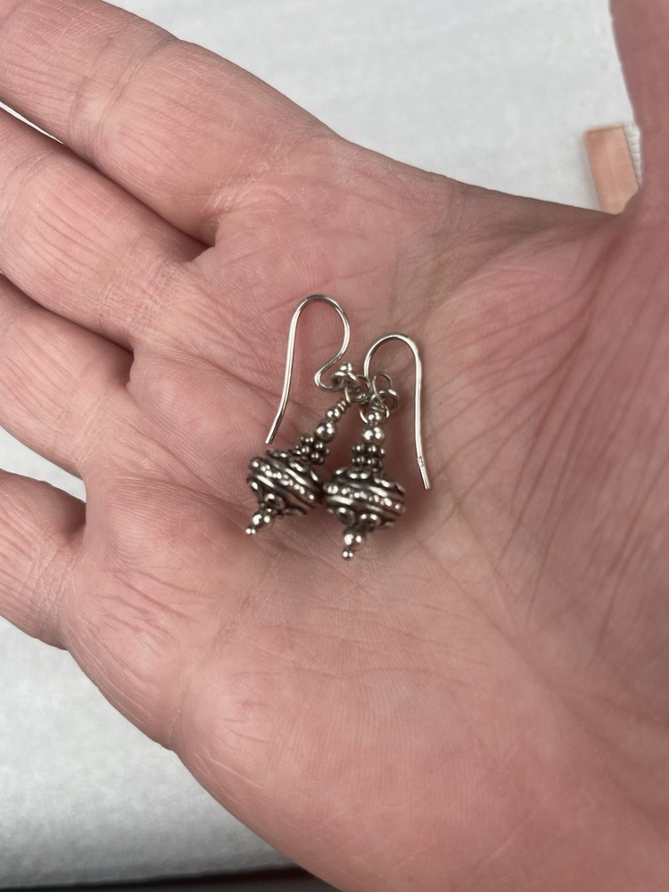 Vtg Sterling Silver Dangle Earrings Granulation Caviar Dot Beaded Hook Drop 4.7g
