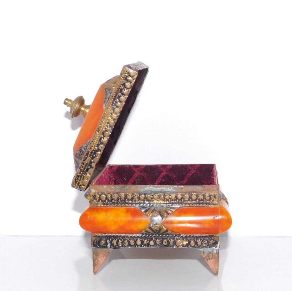 Ancient Tibetan REAL AMBER Brass and Hammered Copper BOX