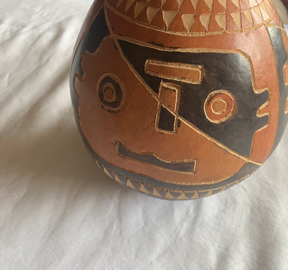 Hand Craved Painted Two Tone Face Gourd 13 1/2” Tall