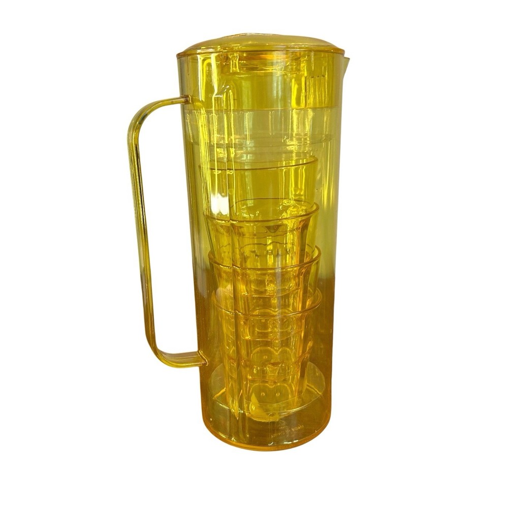 Yellow Transparent Plastic Pitcher Beverage Set with 4 Stackable Tumblers New