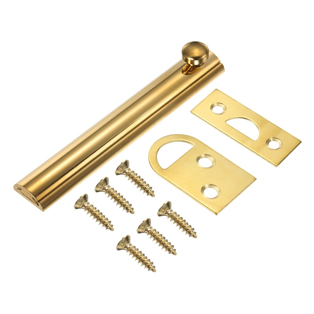 4" Solid Brass Surface Bolt, Polished Slide Latch Door Lock, Brass Tone
