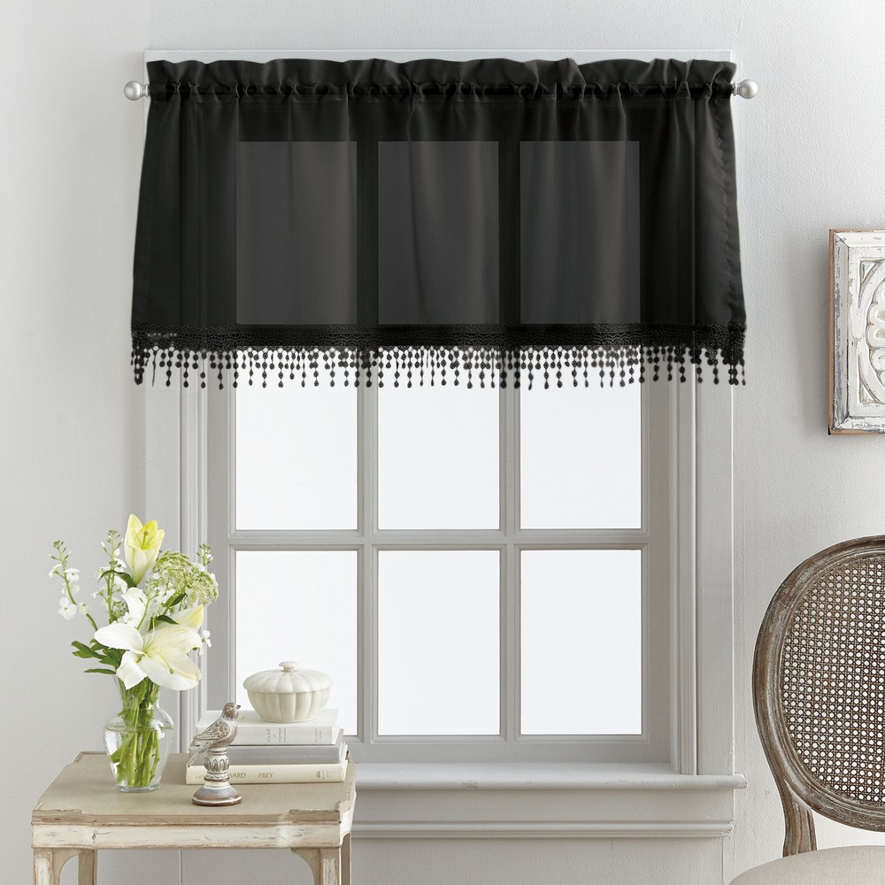 Macrame Tailored Curtain Valance, 50"L x 18"W, Black