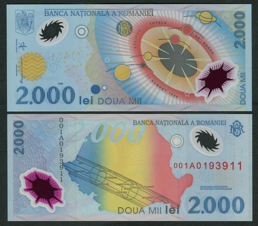 Romania 2000 Lei 1999 P111b UNC - Polymer / Solar Eclipse with folder