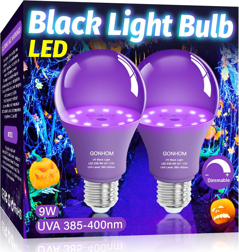 2 Pack A19 LED Black Light Bulbs,Dimmable 9W Blacklight Bulb(100W Equivalent), E