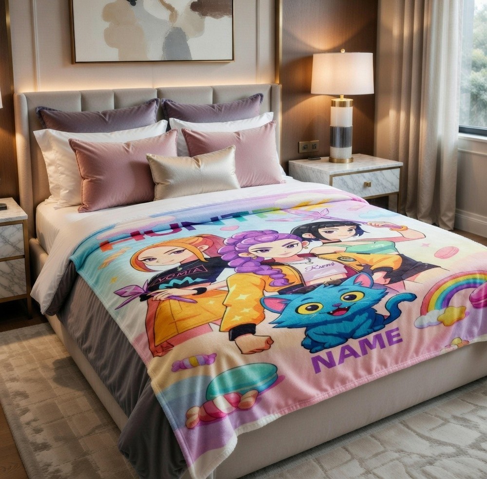 Custom Spring Anime Kpop Demon Flannel Blanket Easter Cozy Gift