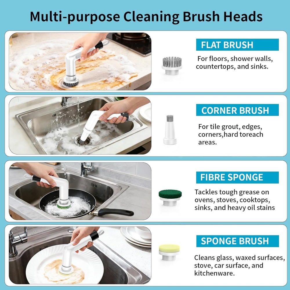 Electric Dish Scrubber, Mini Cordless Kitchen Cleaning Brush with 4 Replaceable