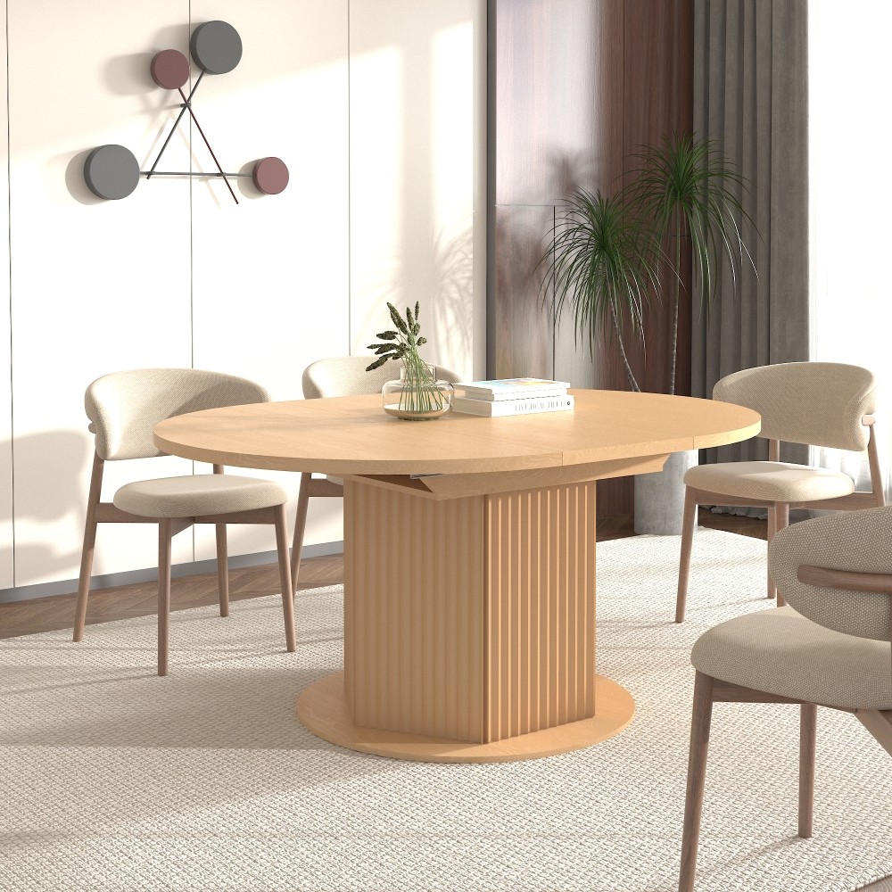 Round Extendable Dining Table for 6 MDF Wooden Kitchen Table with Hexagonal