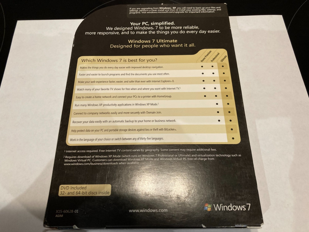 Microsoft Windows 7 Ultimate 32 Bit and 64 Bit DVDs Full Box Version (1 User)