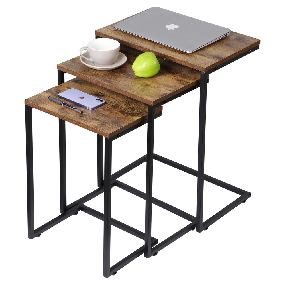 Modern C-Shaped End Tables Set of 3 Nesting Coffee Table Accent Side Table Brown