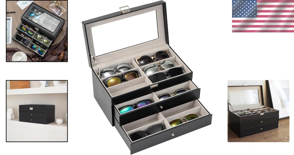 Sunglasses Storage Organizer - 18 Slots Leather Box