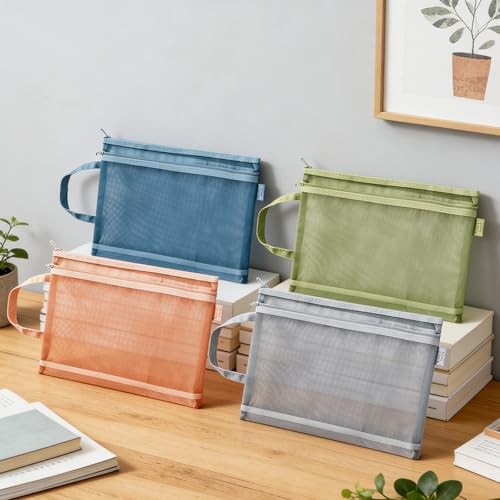4 Pack Mesh Zipper Pouch with Handles, Nylon Document Bag Double Layer