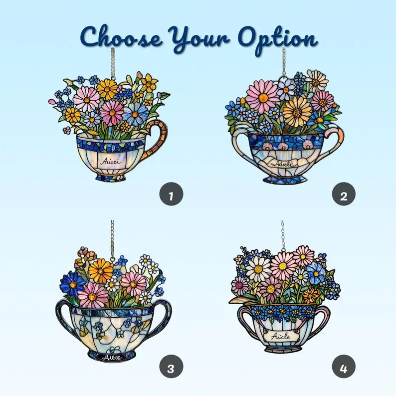Personalized Flower Teacup Suncatcher Acrylic Decor Gift