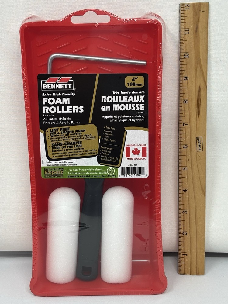 Foam Paint Roller Set Bennett 4 in Plastic Paint Tray, Roller Frame NEW