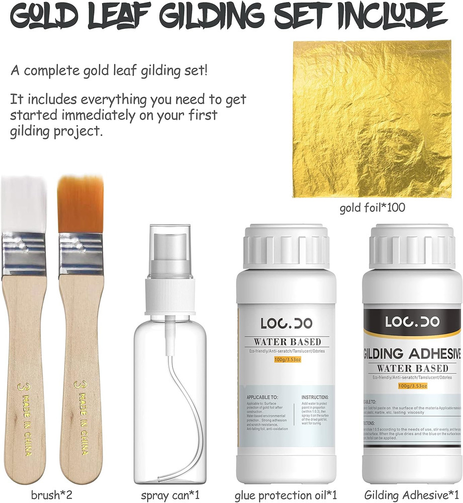 Gold Leaf Kit, Gilding Adhesive 200Ml Set, Water Based Adhesive and Protective V