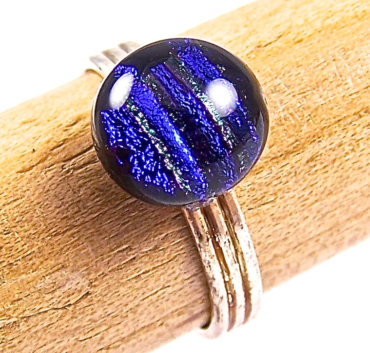 Dichroic Glass Ring Adjustable Blue Cobalt Striped Patterned Dot Tiny 1/4" 7mm