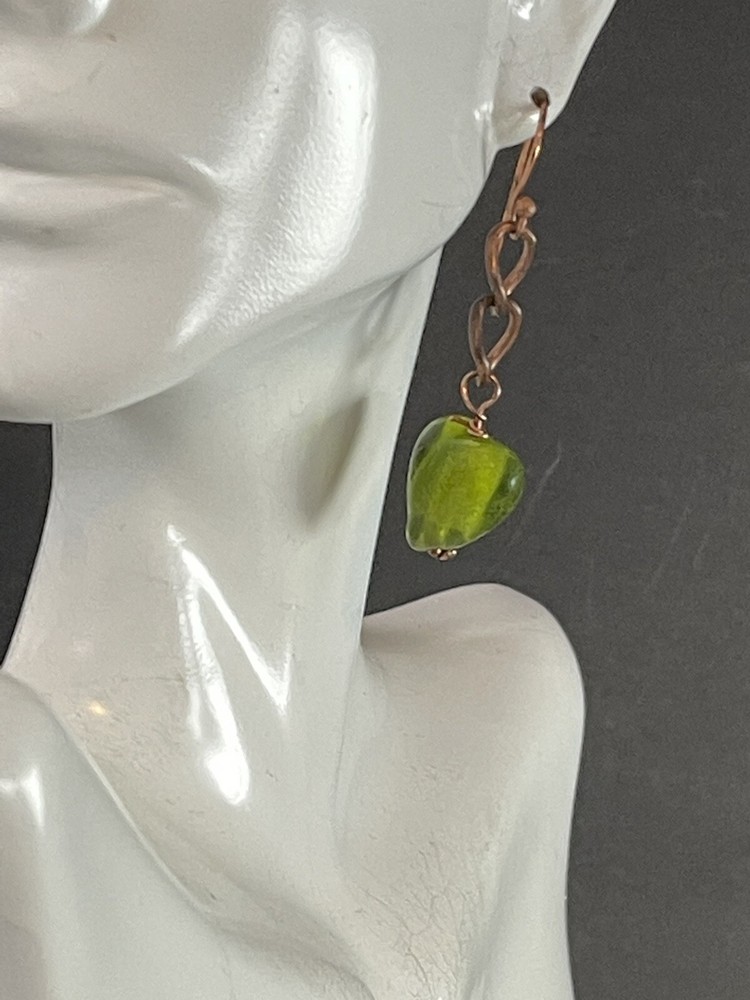 Green Glass Heart Dangle Earrings