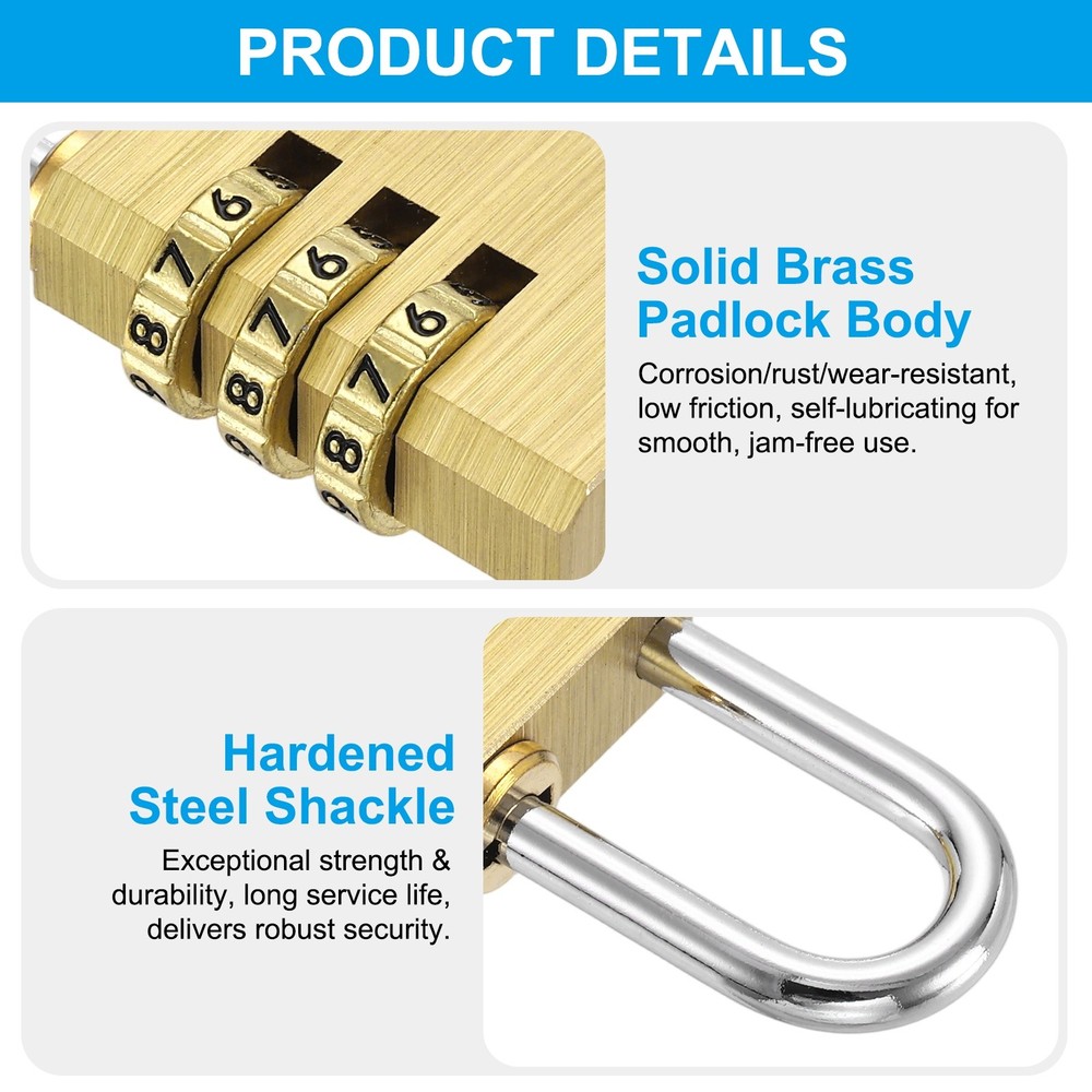 Brass Combination Lock 2.13", 3 Digit Resettable Combination Padlock Yellow