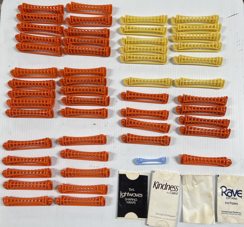 Toni 52 Assorted Hair Perm Curl Rollers + 4 Assorted Paper End Wraps Packs - VTG