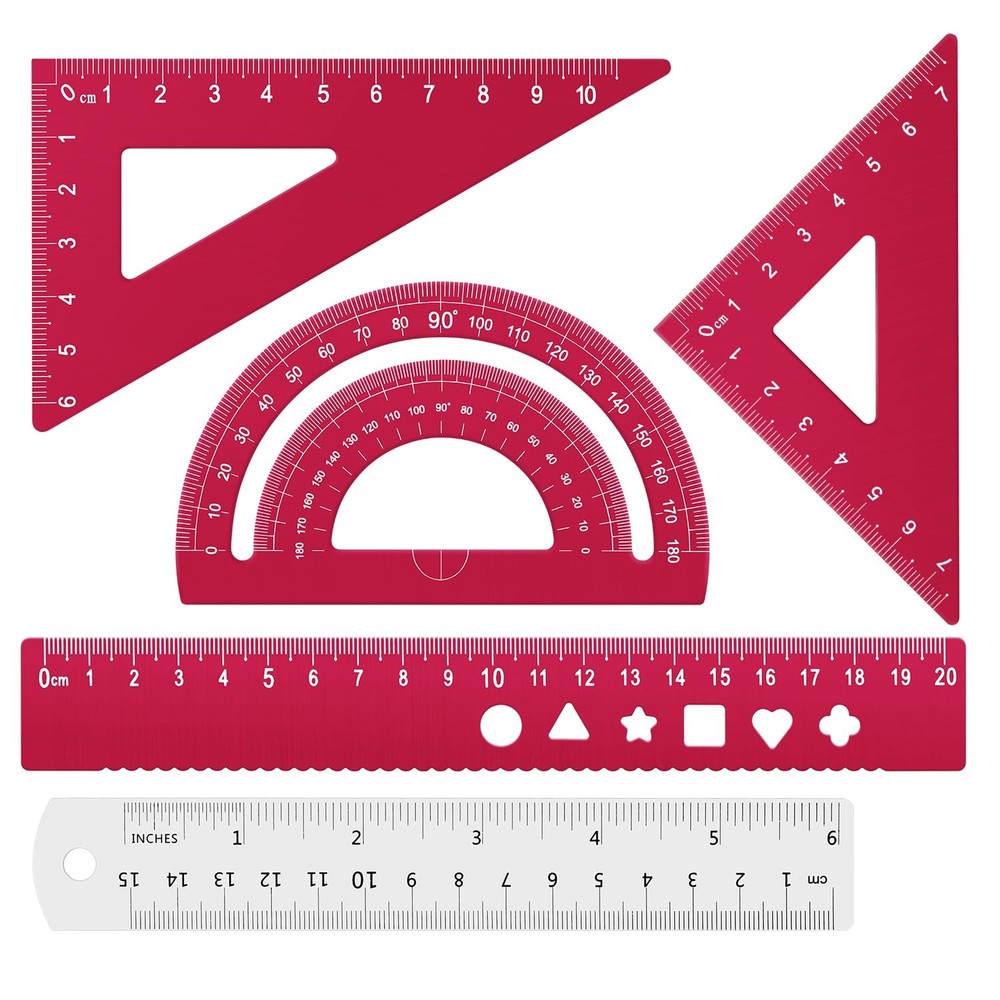 5 PCS Red Triangular Ruler Set Aluminum Alloy Metal Drafting Geometric Tool