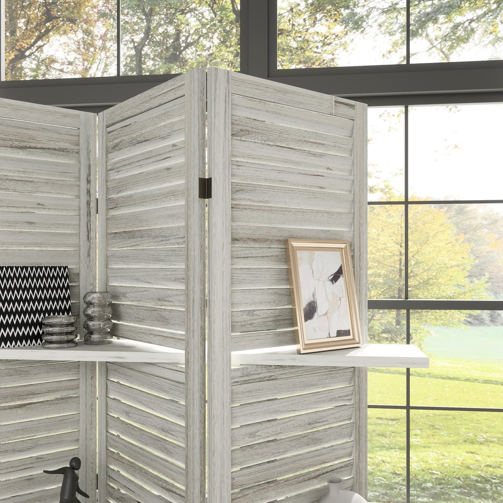 5 Panel Privacy Screen, Room Divider with 3 Shelves Distressed White