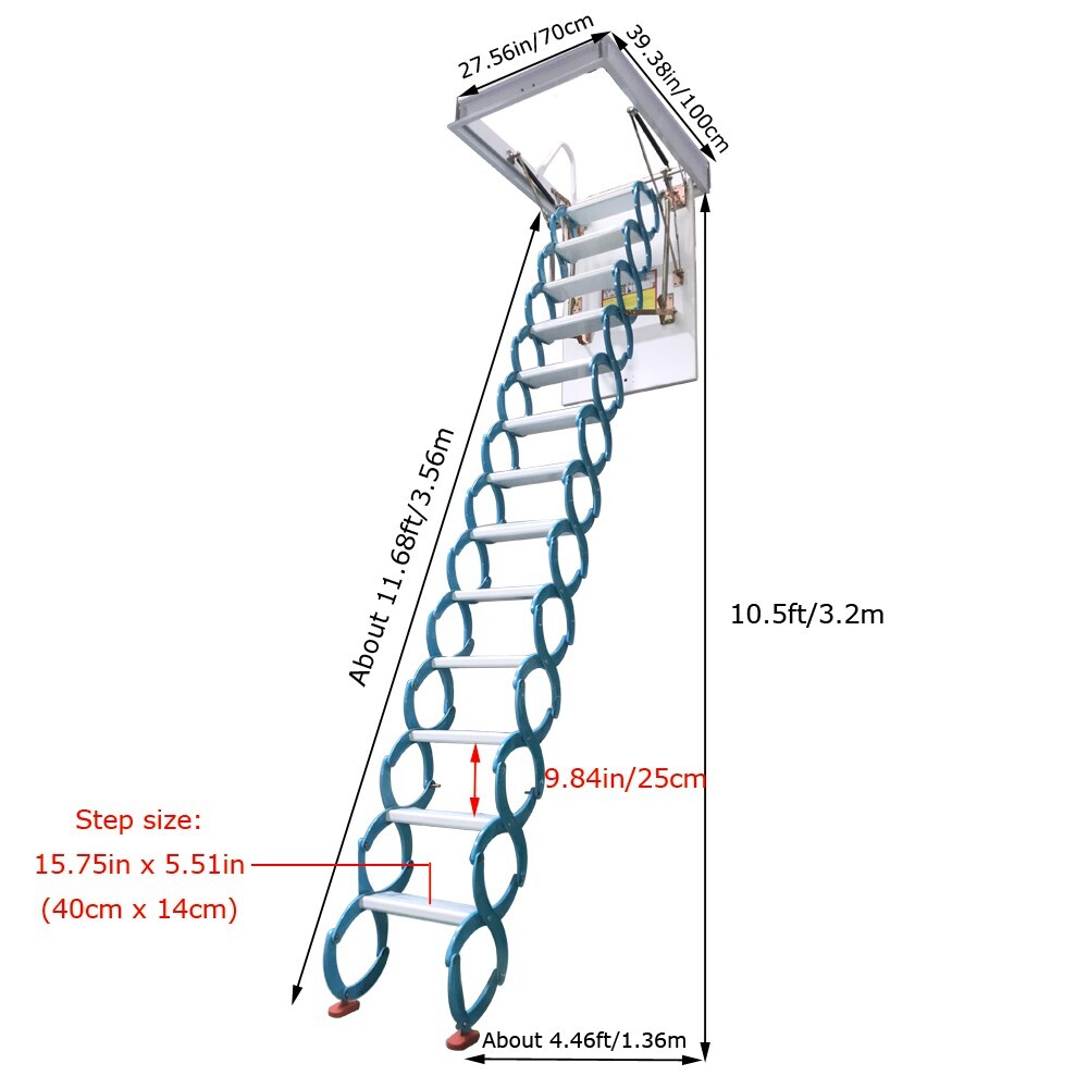 13 Steps Blue Attic Pull Down Ceiling Ladder Stairs 10.5ft Loft Ladder Folding