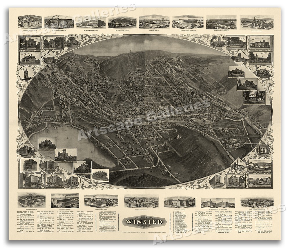 1908 Winsted Connecticut Vintage Old Panoramic City Map - 24x28