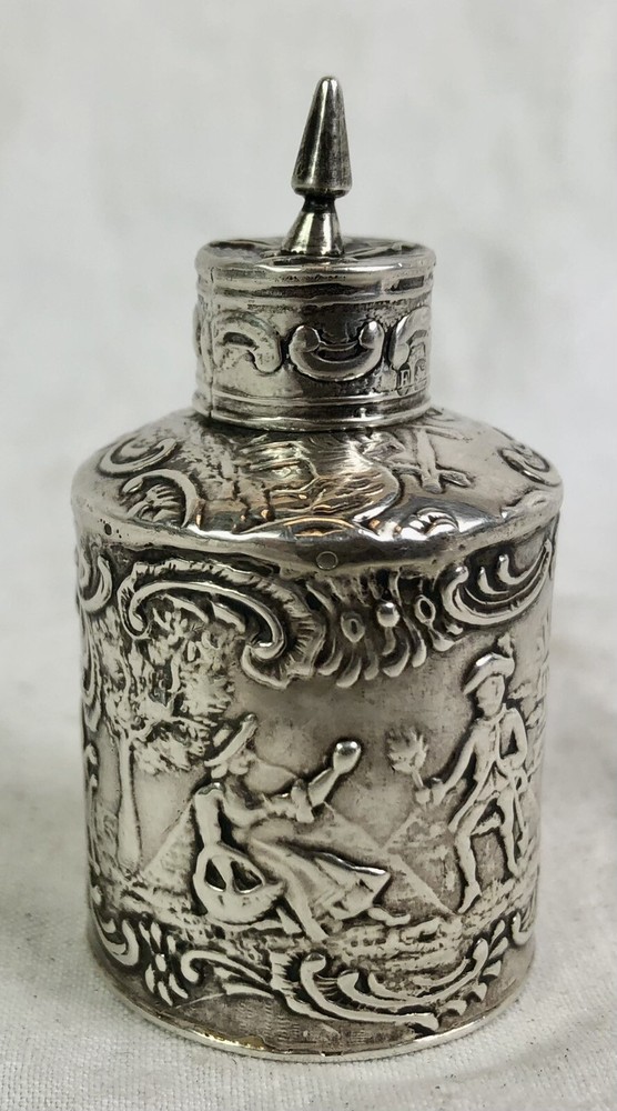 ANTIQUE SOLID SILVER MINIATURE TEA CADDY, REPOUSSE, DUTCH / ENGLISH, VICTORIAN