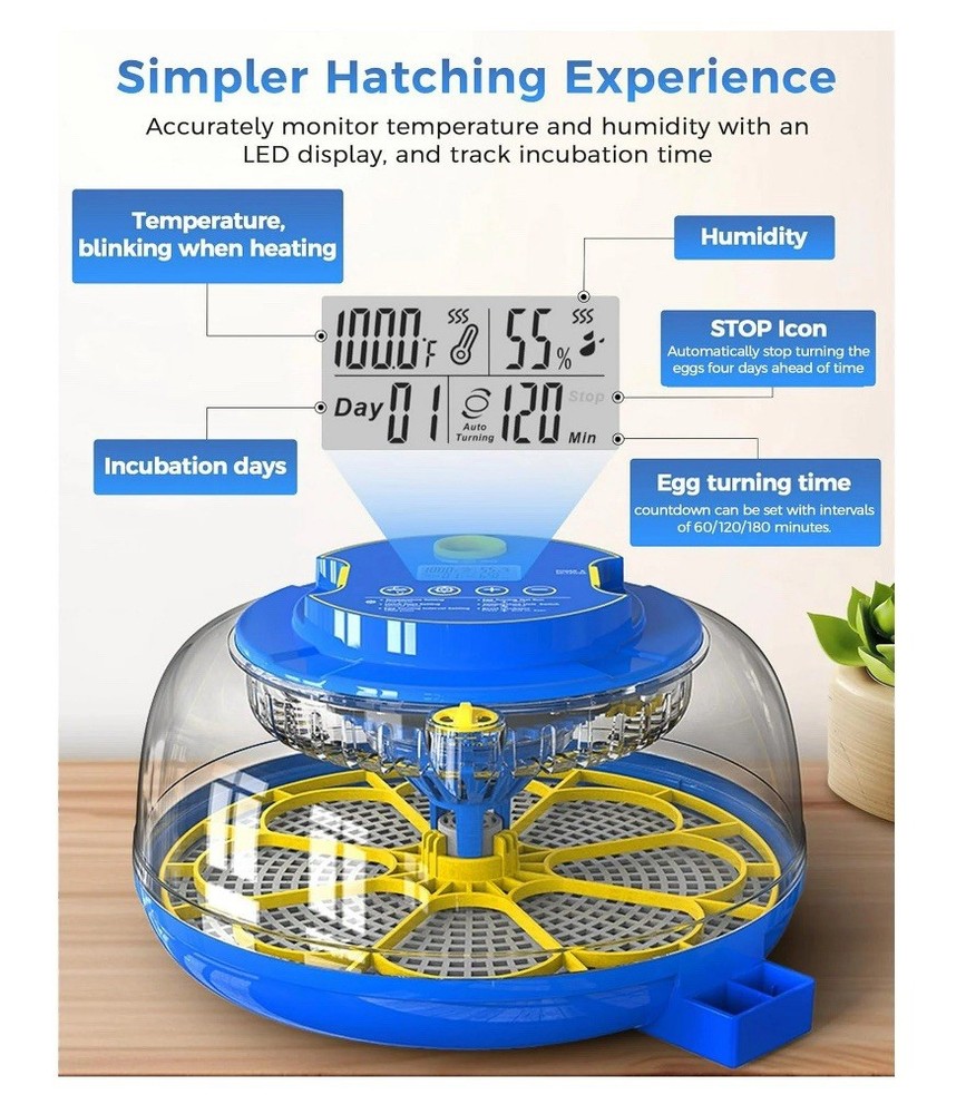 18 Egg Incubator with Automatic Egg Turning and Humidity Control, 360° View Auto