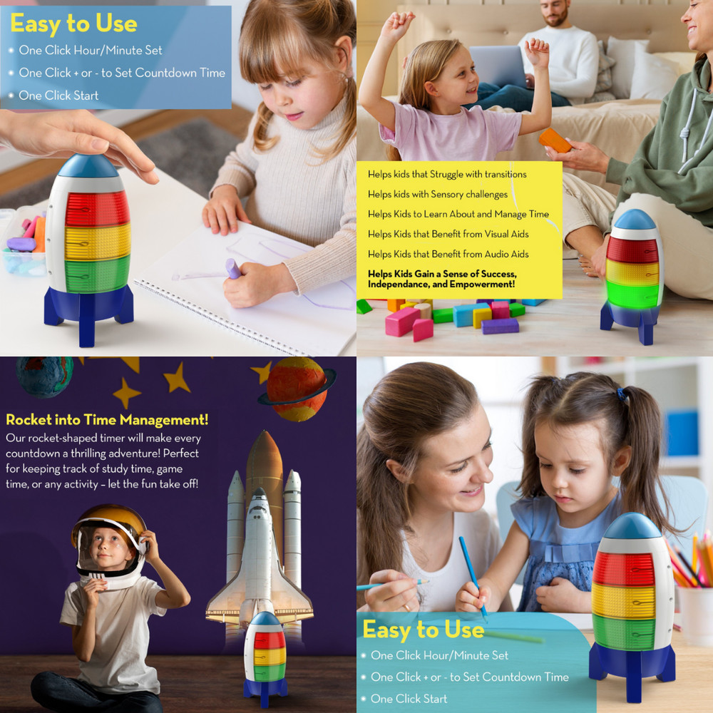 Rocket Countdown Timer for Kids – 24H Visual Alarm with Lights & Memory