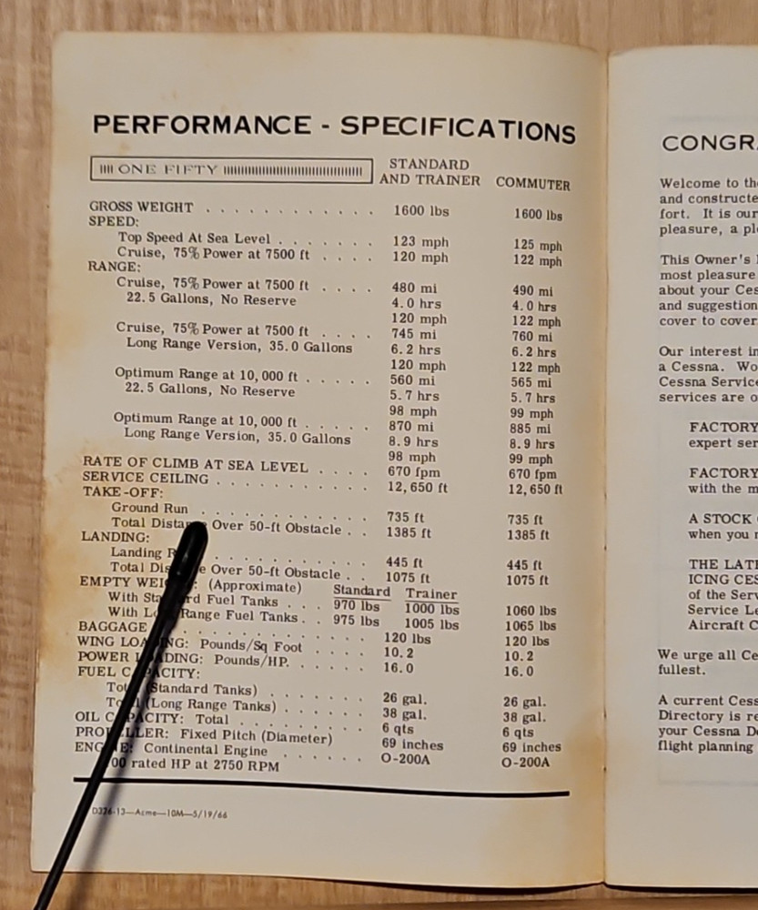 Original 1966 Cessna Model 150 Owner's Manual