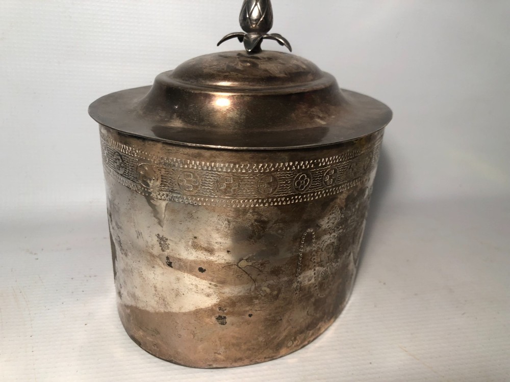 Vintage Silver Plate Copper Tea Caddie Container Engraved Design