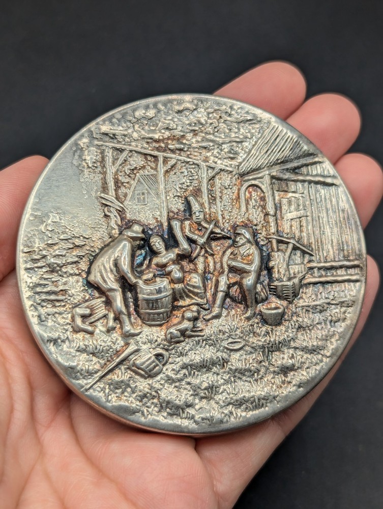 Vtg Hans Jensen Denmark Silverplate Empty Powder Mirror Compact Repoussé Scene