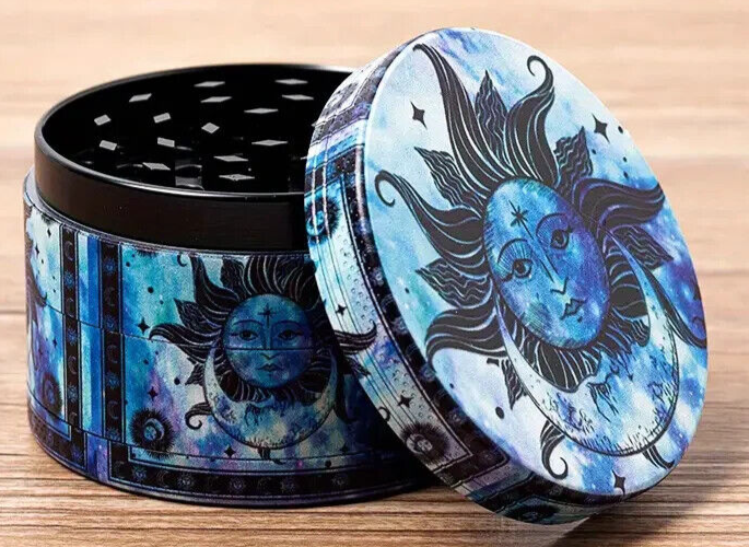 Creative Pattern Sun & Moon Herb Grinder, 2.5 inch, 4-Piece, Storage & Scraper