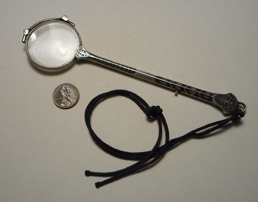 Antique Austrian .935 Silver Niello Decorated Long Handled Lorgnette