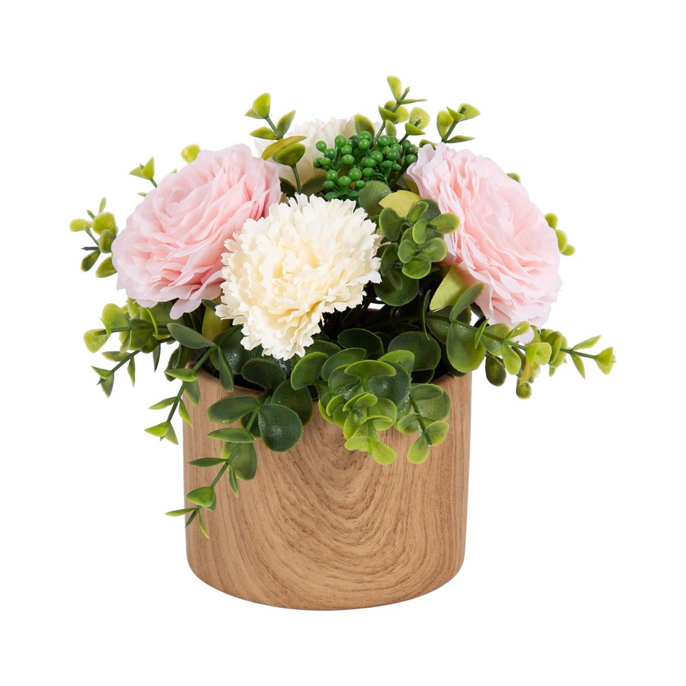(2 pack 4.5” Artificial Floral in Wood Grain Ceramic Container