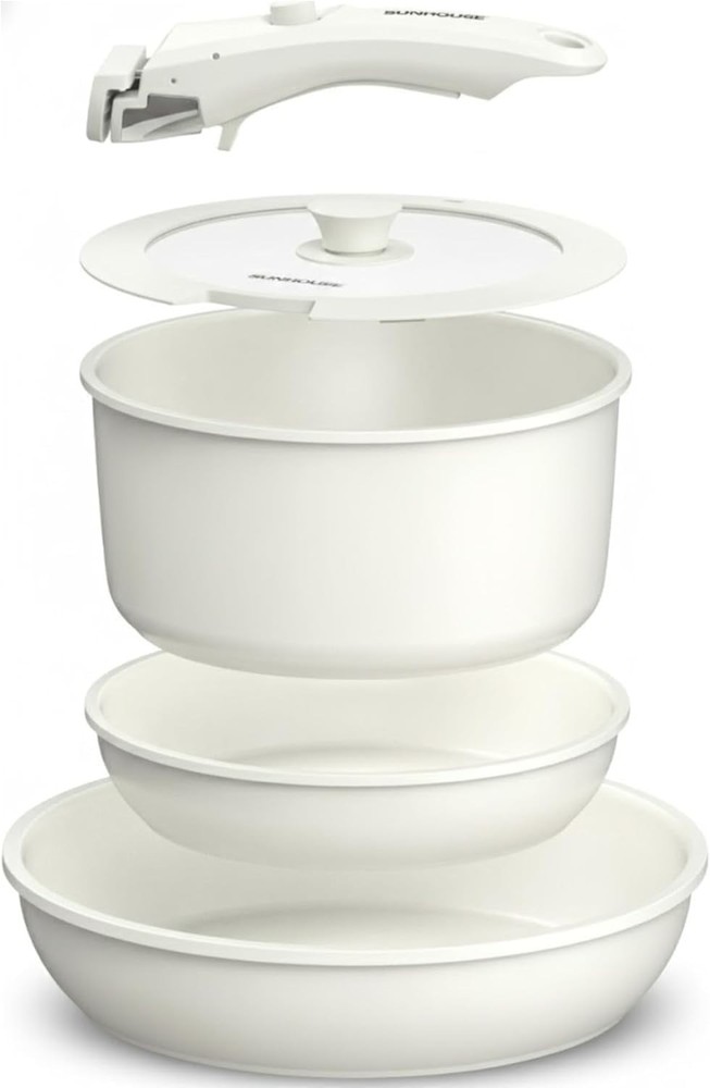 5-Piece Ceramic Nonstick Cookware Set with Detachable Handle White