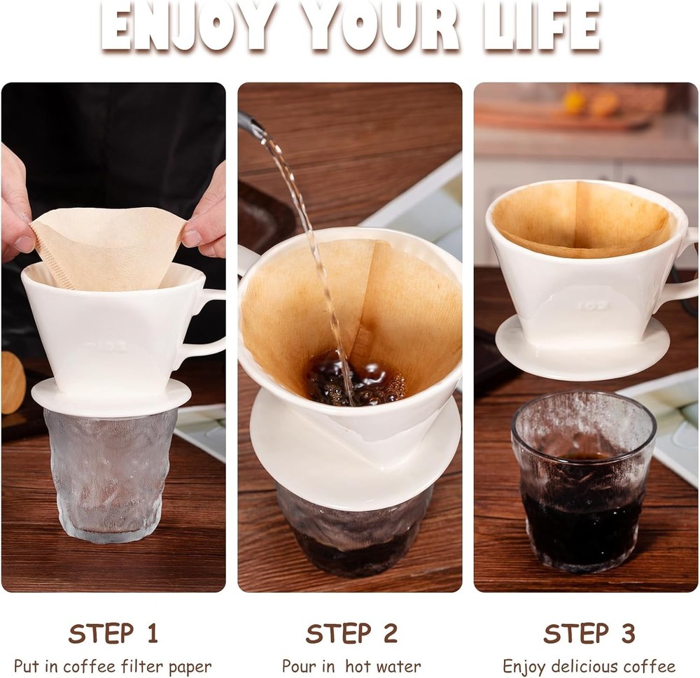 Pour Over Coffee Dripper, Ceramic Maker with 3 Holes White