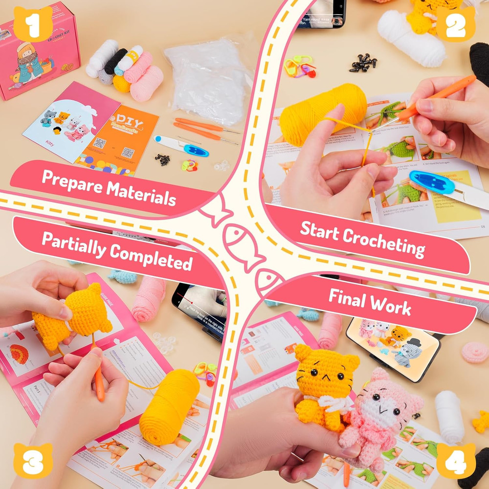 Crochet Kit for Beginners - Cat Crochet Kit with Step-By-Step Video Tutorials, L