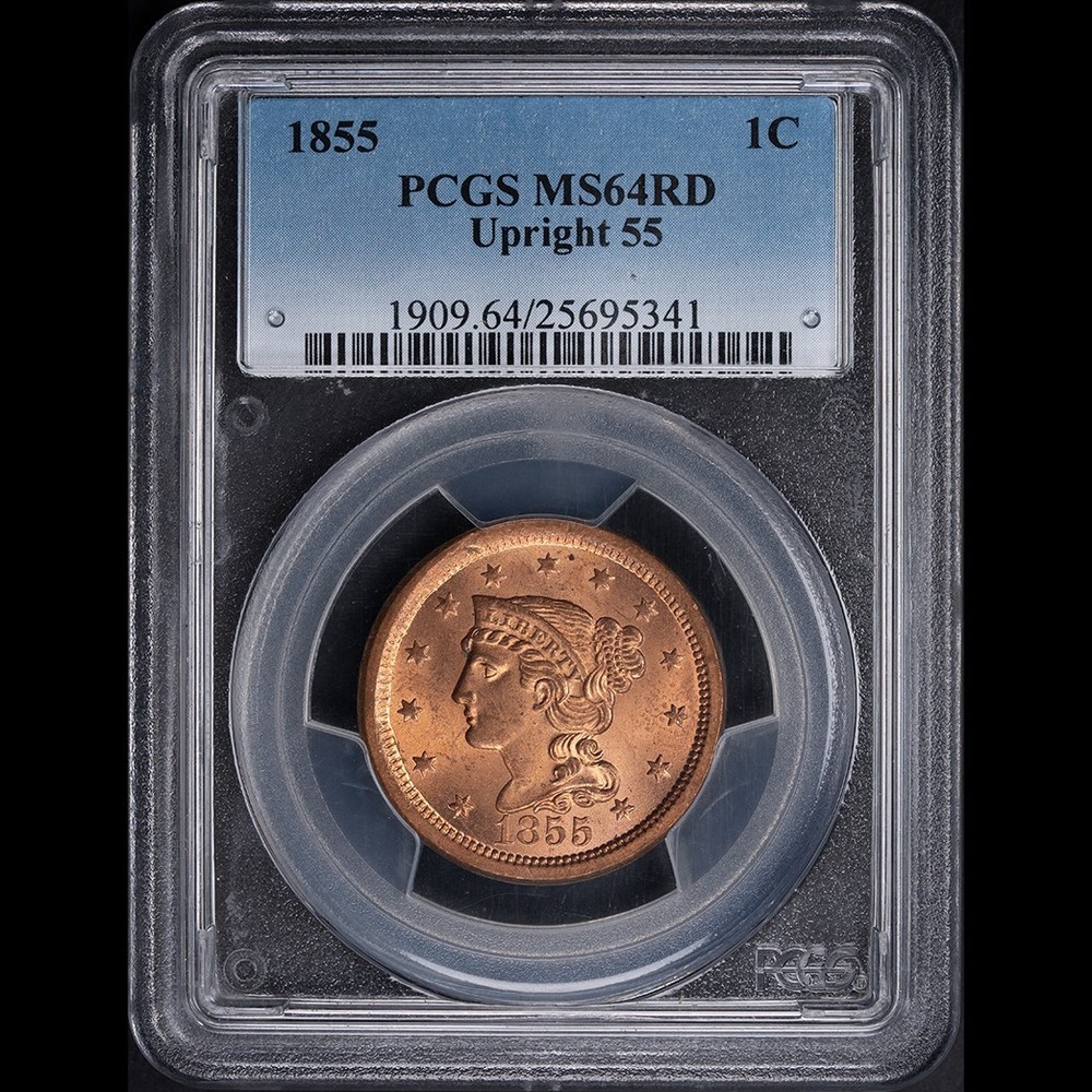 1855 1C Matron Head Large Cent Upright 55 PCGS MS64RD