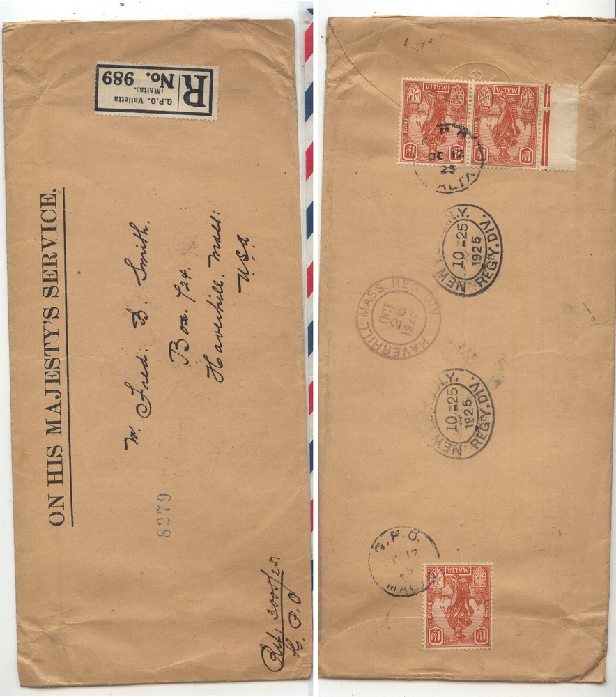 Malta  long  registered  cover  to  US   1925