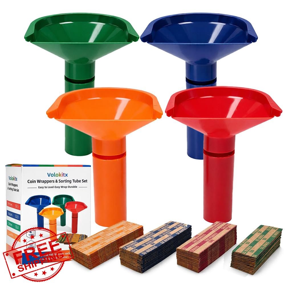 Coin Sorter Tubes and Wrappers - 4 Tubes, 200 Wrappers